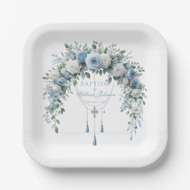 Blue Rose & Silver Cross Baptism Paper Plate (Front)