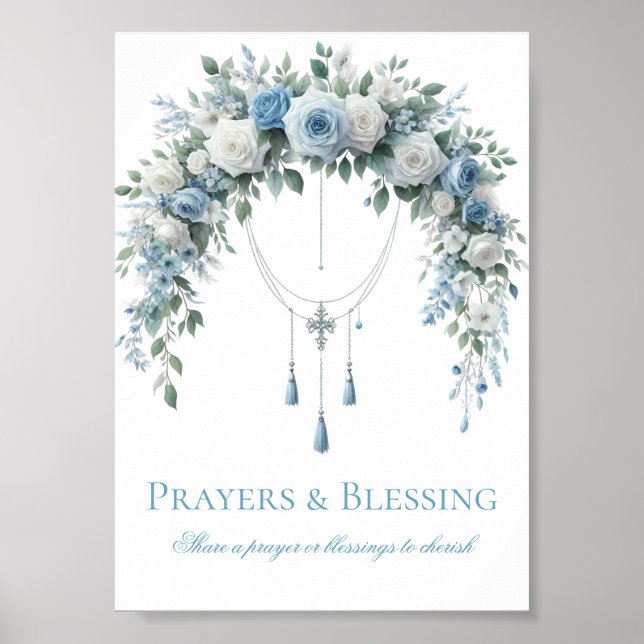 Blue Rose & Silver Cross Baptism Prayers Poster (Front)