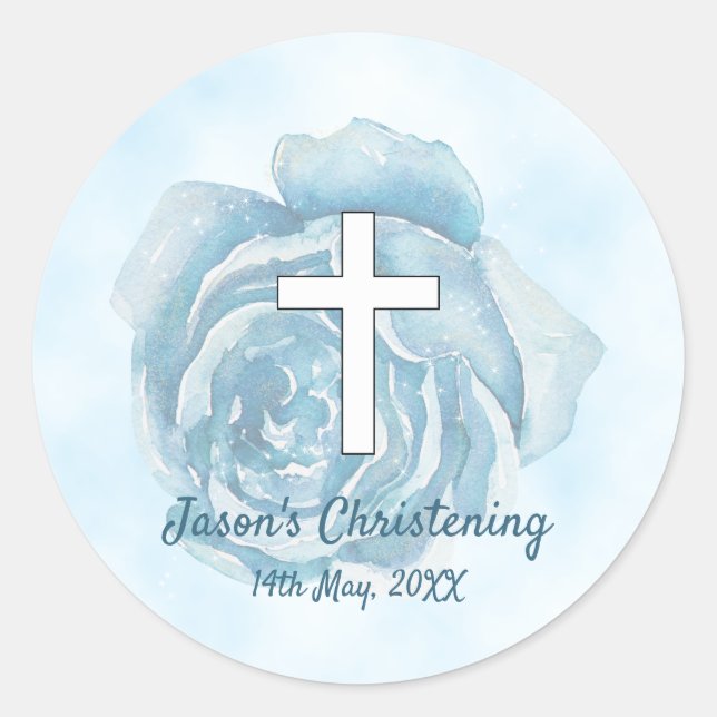 Blue rose sparkle boy Christening Classic Round Sticker (Front)