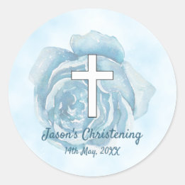 Blue rose sparkle boy Christening Classic Round Sticker