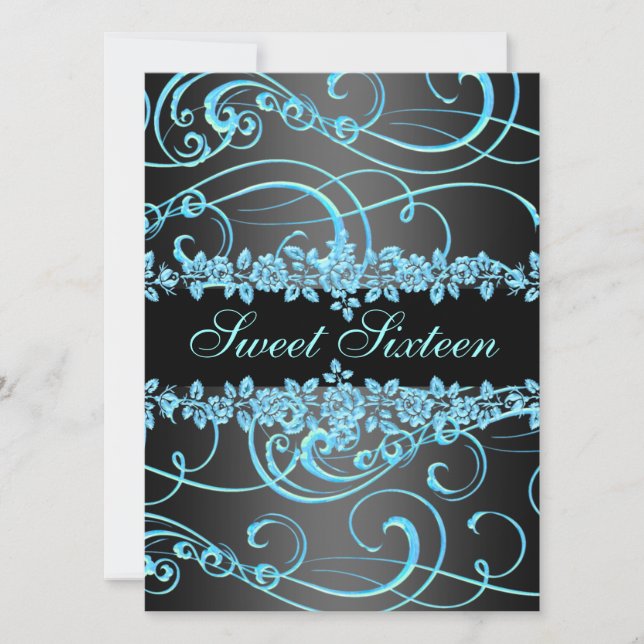 Blue Rose & Swirl Sweet16 Design Birthday Invite (Front)