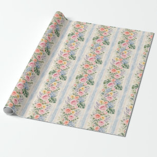 Blue Rose Tropical Floral Stripe Watercolor Gift Wrapping Paper