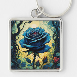 Blue Rose Vines 1 Square Key Ring