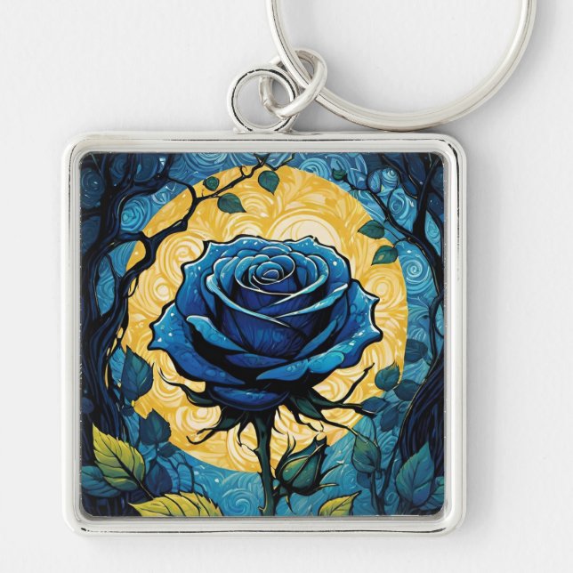 Blue Rose Vines 3 Square Key Ring (Front)
