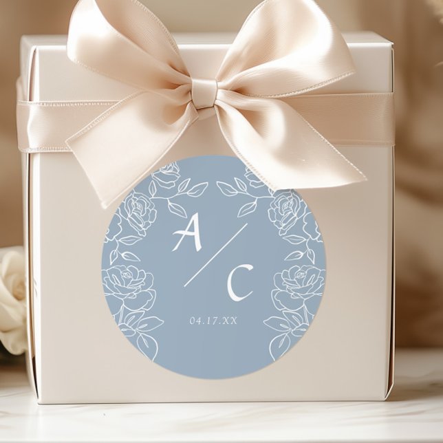 Blue Rose Wedding Initials Romantic Monogram Classic Round Sticker (Creator Uploaded)