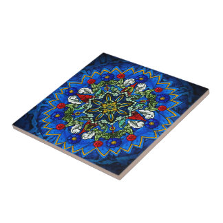 Blue Rose Window Mandala Ceramic Tile