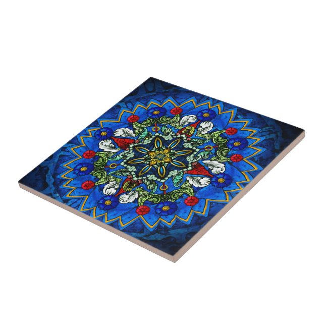 Blue Rose Window Mandala Ceramic Tile (Side)