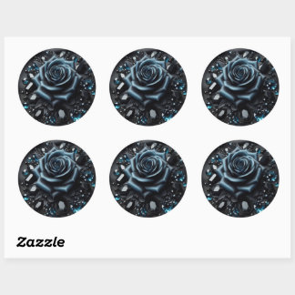 Blue Rose with Jewels on Black Fabric Classic Round Sticker
