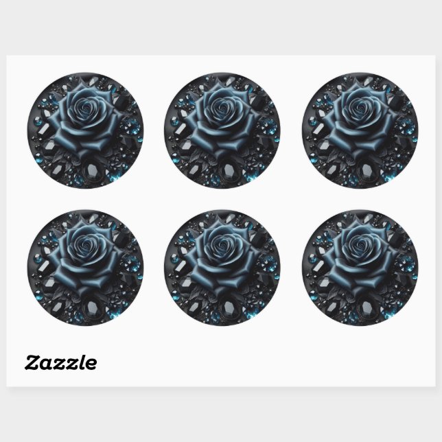 Blue Rose with Jewels on Black Fabric Classic Round Sticker (Sheet)