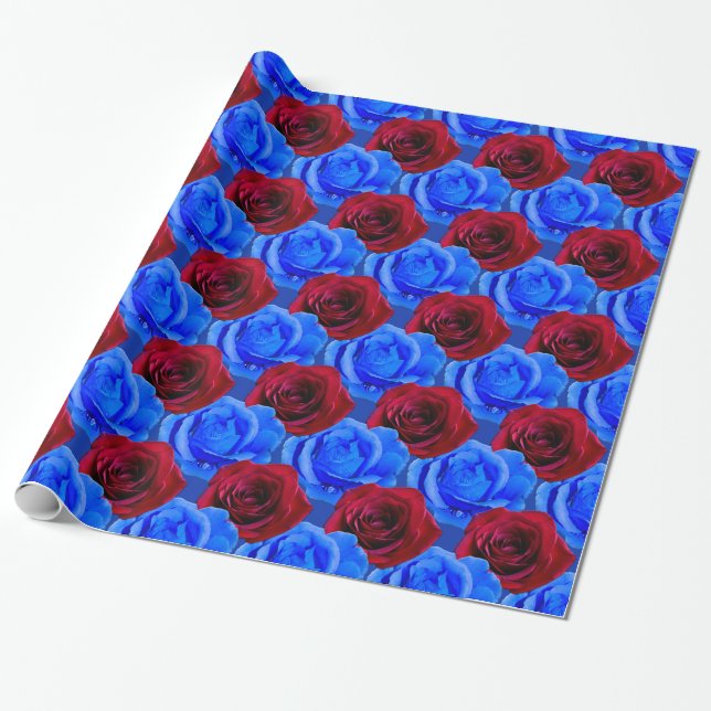 Blue Rose Wrapping Paper Romantic Rose Paper (Unrolled)