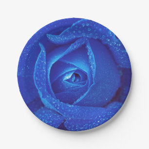 Blue rosebud rose flower paper plate