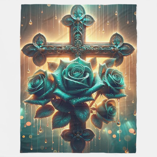 “Blue Roses and Christian Cross" Fleece Blanket (Front)