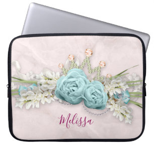Blue Roses and Crown Floral Bouquet Laptop Sleeve