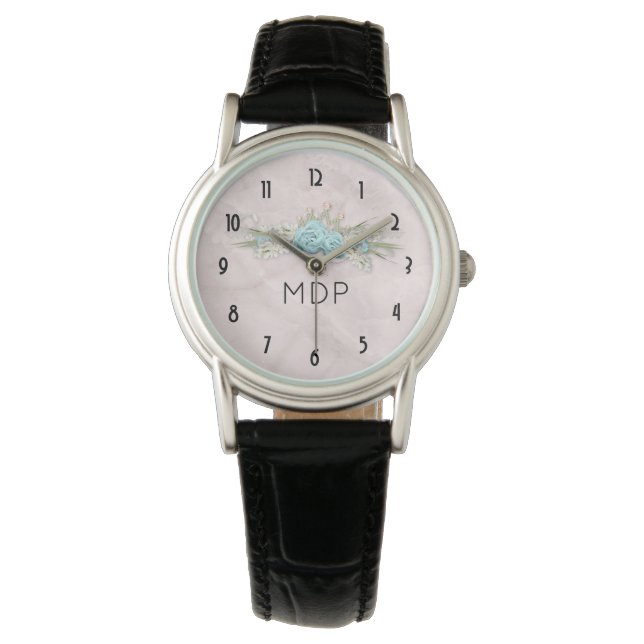 Blue Roses and Crown Floral Bouquet Monogram Watch (Front)
