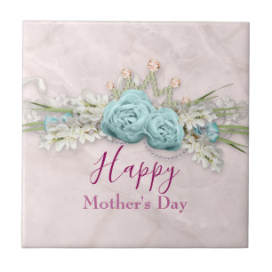Blue Roses and Crown Floral Bouquet Mother's Day Ceramic Tile
