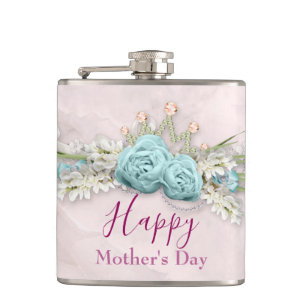 Blue Roses and Crown Floral Bouquet Mother's Day Hip Flask