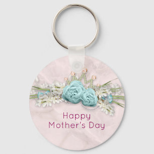 Blue Roses and Crown Floral Bouquet Mother's Day Key Ring