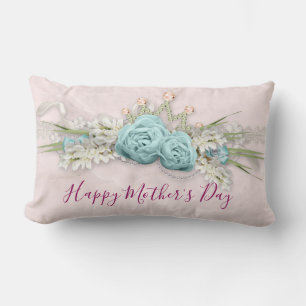 Blue Roses and Crown Floral Bouquet Mother's Day Lumbar Cushion