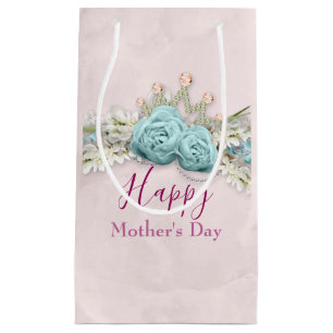Blue Roses and Crown Floral Bouquet Mother's Day Small Gift Bag