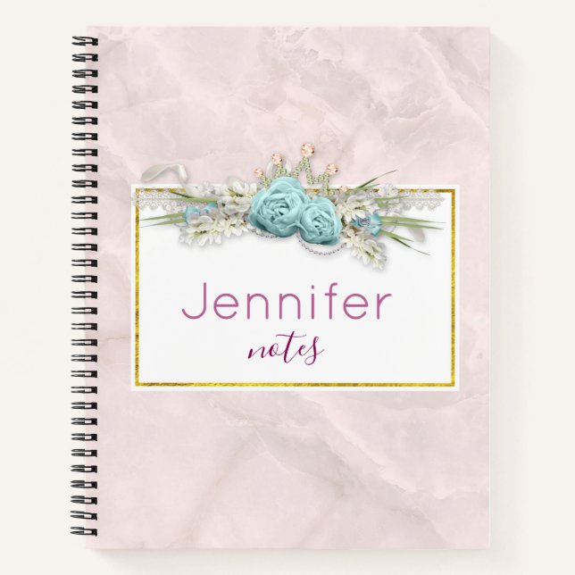 Blue Roses and Crown Floral Bouquet Notebook (Front)