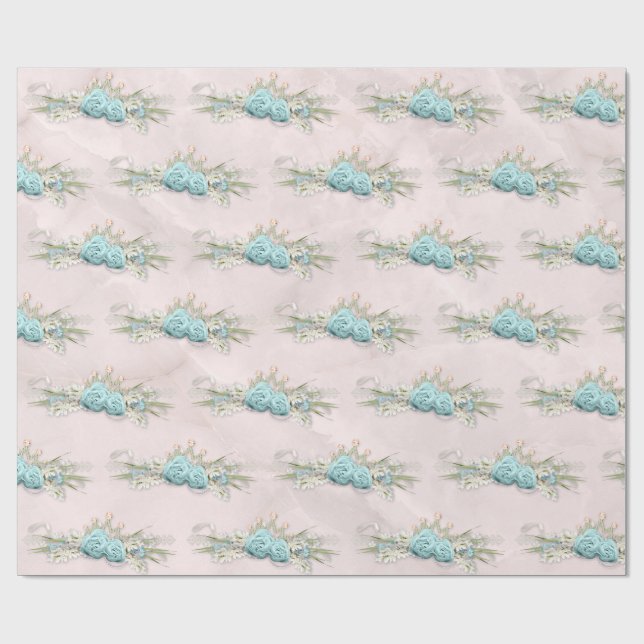 Blue Roses and Crown Floral Bouquet Pattern Wrapping Paper (Flat)