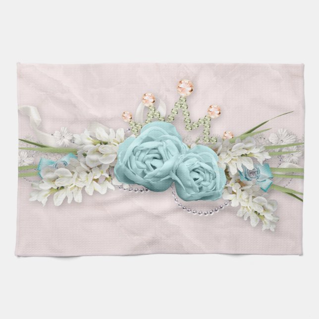 Blue Roses and Crown Floral Bouquet Tea Towel (Horizontal)