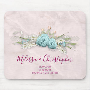 Blue Roses and Crown Floral Bouquet Wedding Mouse Pad