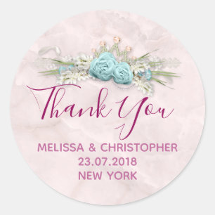 Blue Roses and Crown Floral Bouquet Wedding Thanks Classic Round Sticker