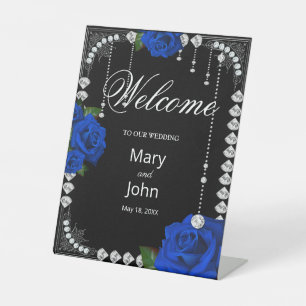 Blue Roses And Diamonds Wedding Pedestal Sign