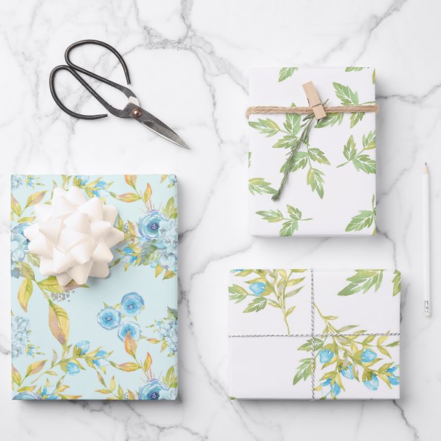 Blue Roses and Foliage Assorted Wrapping Paper Sheet (Front)