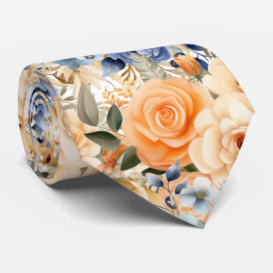 Blue Roses and Peach Flowers Floral Neck Tie