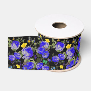 BLUE ROSES AND YELLOW BUTTERFLIES Black Grosgrain Ribbon