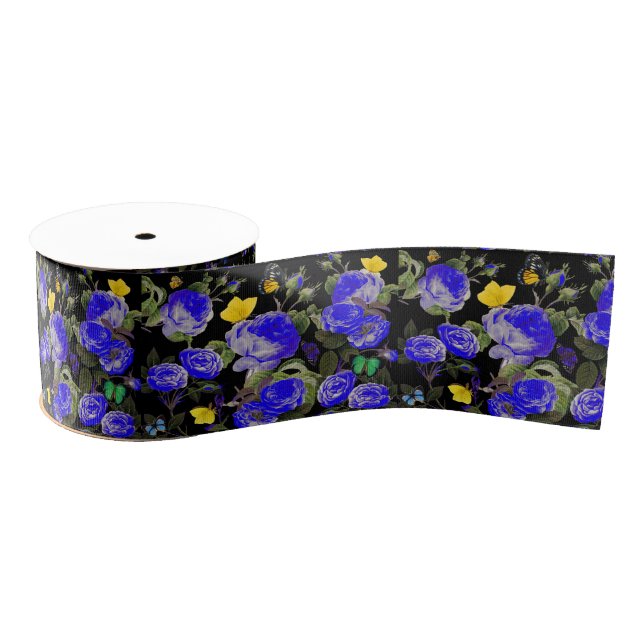 BLUE ROSES AND YELLOW BUTTERFLIES Black Grosgrain Ribbon (Spool)