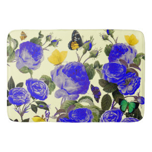 BLUE ROSES AND YELLOW BUTTERFLIES White Bath Mat