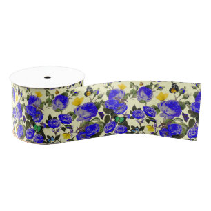 BLUE ROSES AND YELLOW BUTTERFLIES White Grosgrain Ribbon