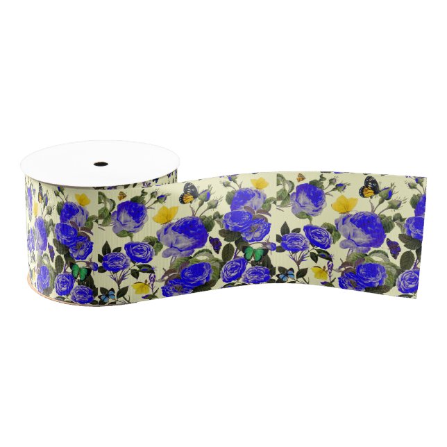 BLUE ROSES AND YELLOW BUTTERFLIES White Grosgrain Ribbon (Spool)