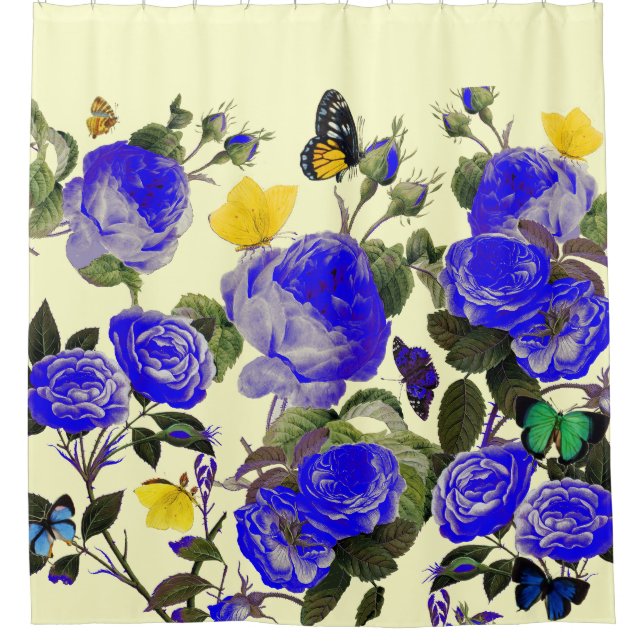 BLUE ROSES AND YELLOW BUTTERFLIES White Shower Curtain (Front)