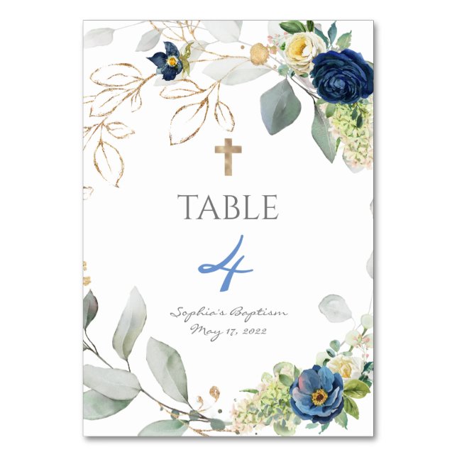 Blue roses boy Baptism Table Number (Front)