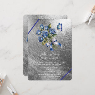 Blue Roses Butterfly Silver Bridal Shower Invitation