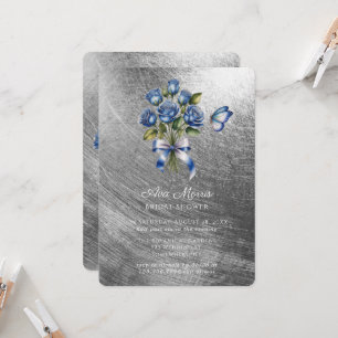 Blue Roses Butterfly Silver Bridal Shower Invitation