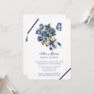 Blue Roses Butterfly Silver Bridal Shower Invitation