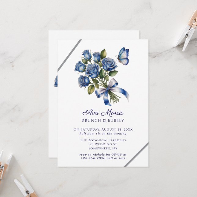 Blue Roses Butterfly Silver Brunch & Bubbly Invitation (Front/Back In Situ)