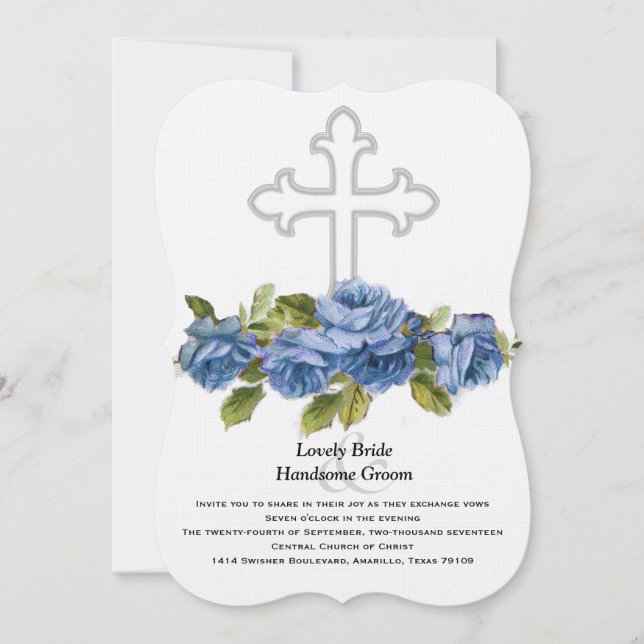 Blue Roses Christian Cross Wedding Invitation (Front)