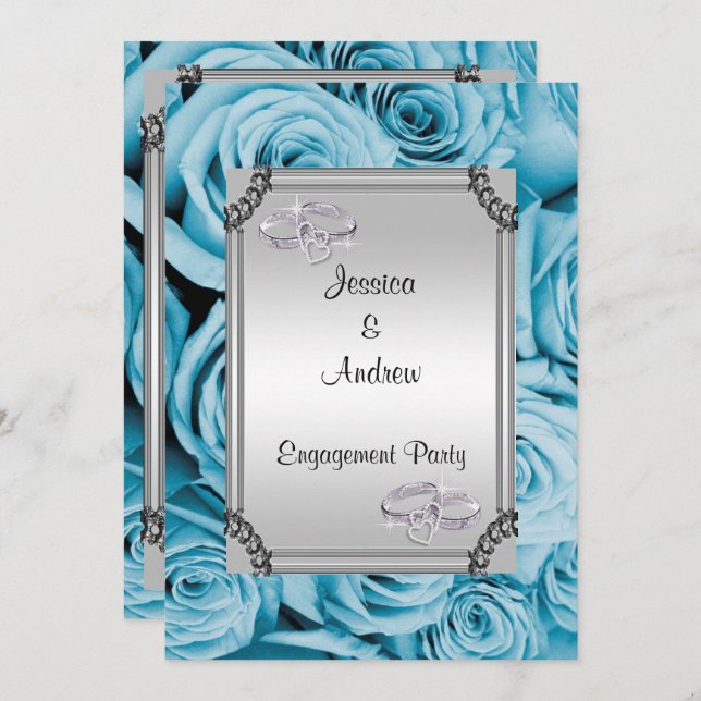 Blue Roses & Diamond Wedding Rings Engagement Invitation (Front/Back)