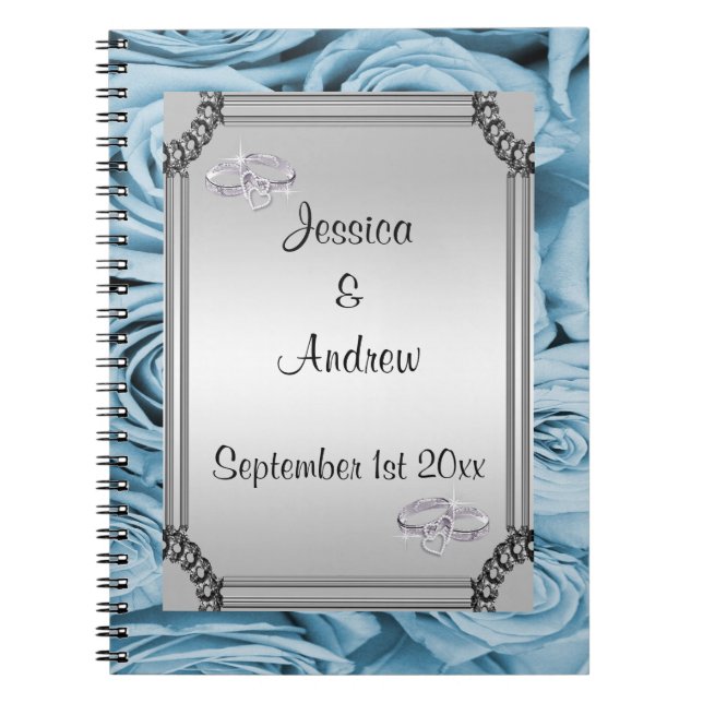 Blue Roses & Diamond Wedding Rings Guest Book (Front)