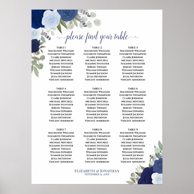 Blue Roses Elegant 9 Table Wedding Seating Chart (Front)