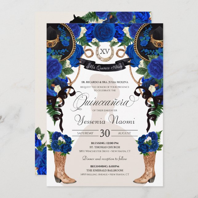 Blue Roses Elegant Western Charro Quinceañera Invitation (Front/Back)