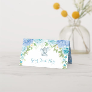 Blue Roses Elephant Boy Baby Shower 1st Birthday Place Card