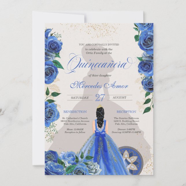 Blue Roses Fancy Quinceanera Western Charro Glam Invitation (Front)