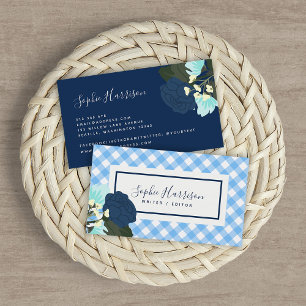 Blue Roses Floral and Blue Gingham Business Card